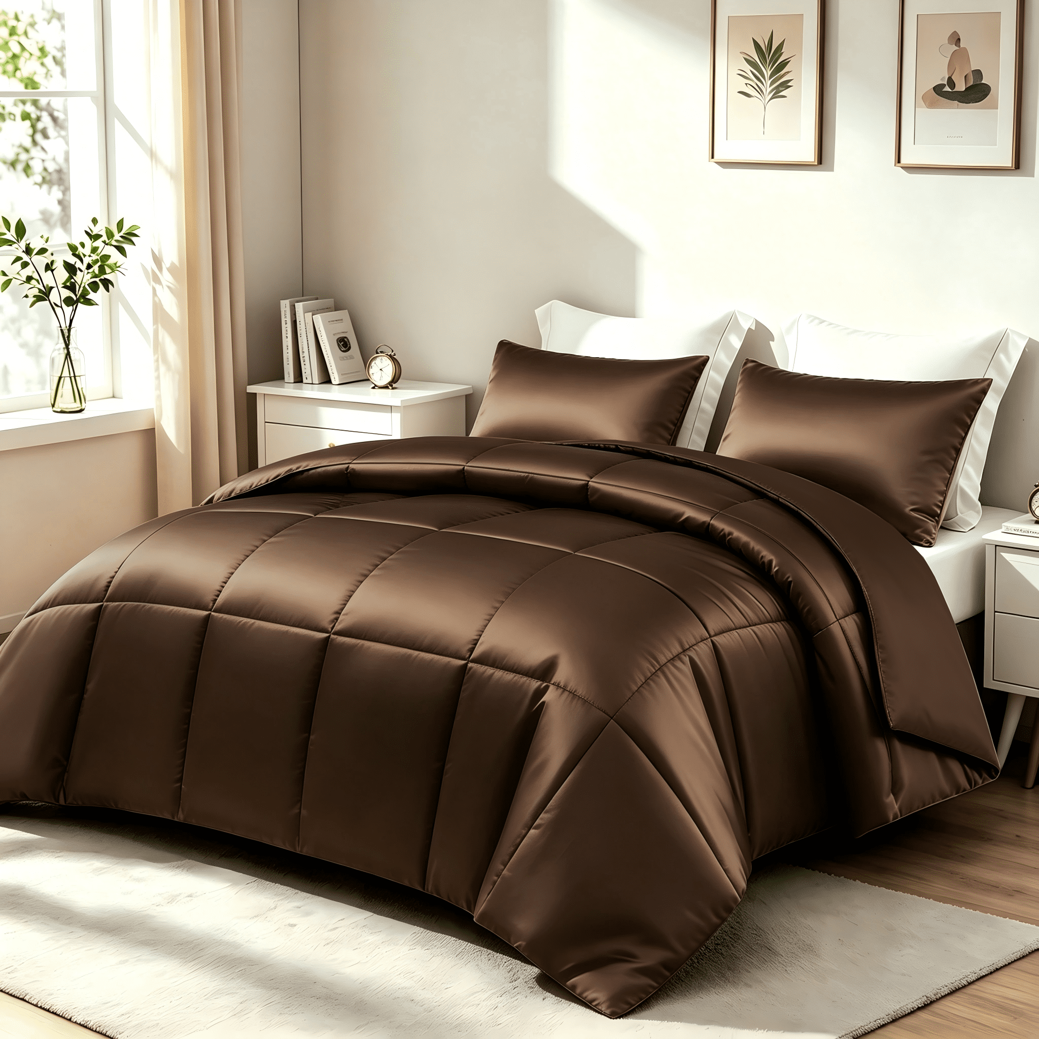 Whale Flotilla 3-Piece Reversible Silky Satin King Size Comforter Bedding Set, Lightweight Luxury Comforters with 2 Pillowcases All-Season, Brown