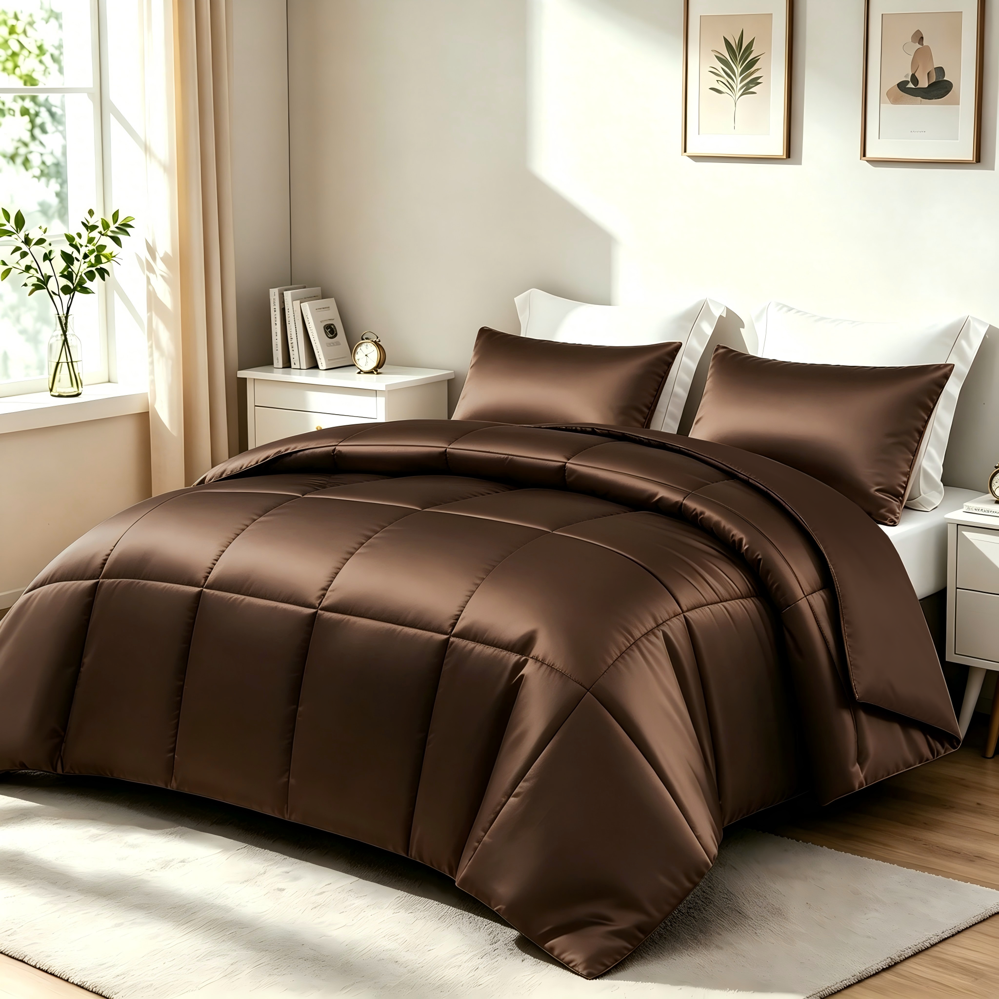 Whale Flotilla 3-Piece Reversible Silky Satin King Size Comforter Bedding Set, Lightweight Luxury Comforters with 2 Pillowcases All-Season, Brown
