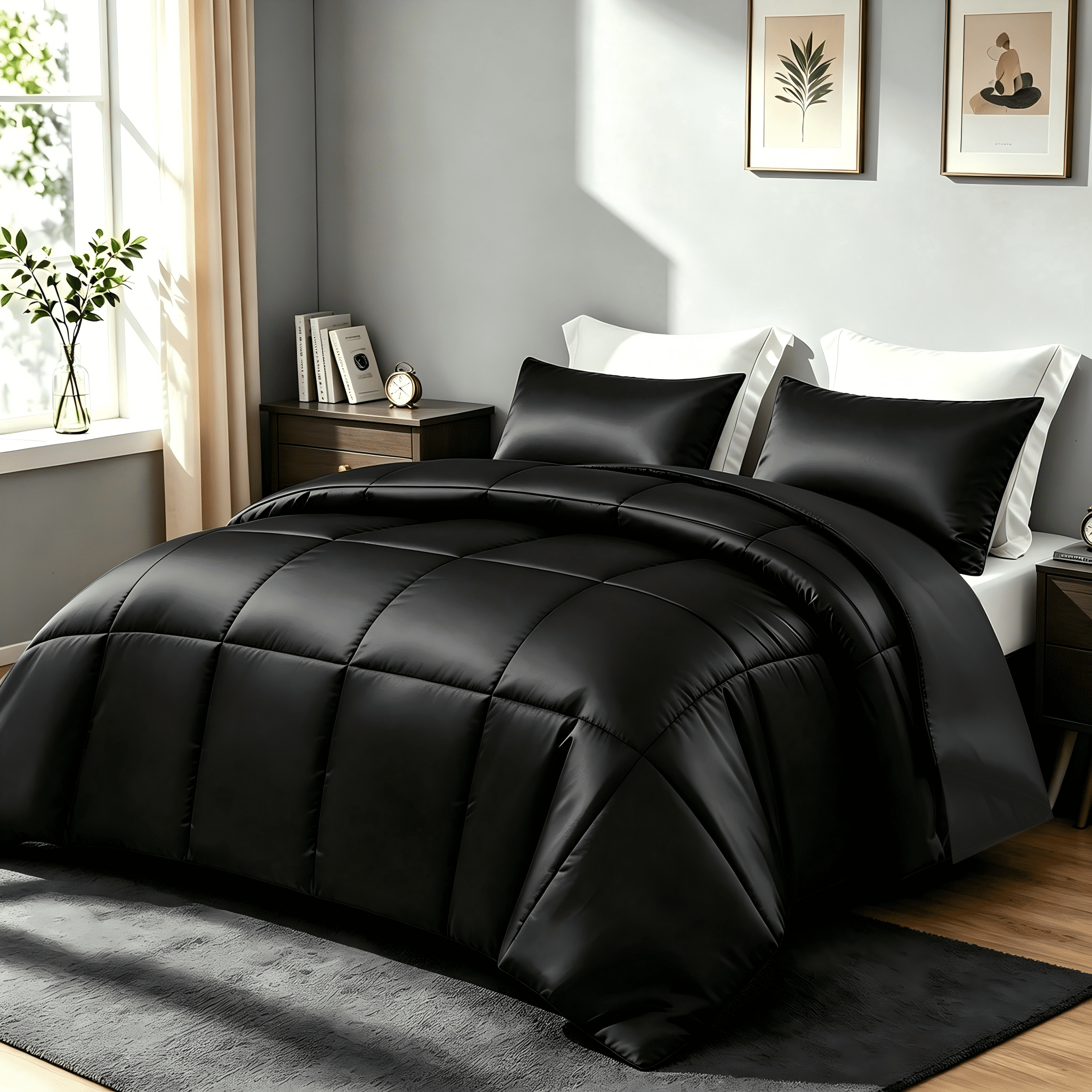 Whale Flotilla 3-Piece Reversible Silky Satin King Size Comforter Bedding Set, Lightweight Luxury Comforters with 2 Pillowcases All-Season, Black