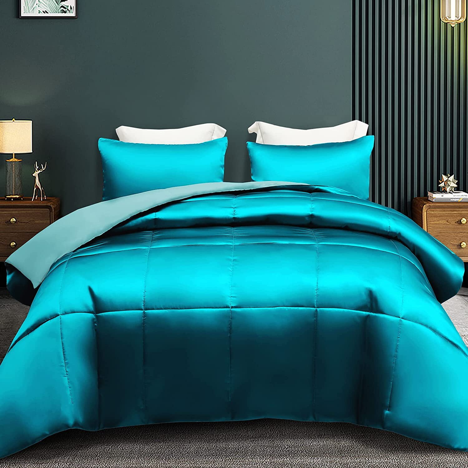 King Size Satin Comforter Set - 5 Piece (Comforter, Sheets, Pillowcases) | 600 GSM, Light Blue, Luxury Bedding