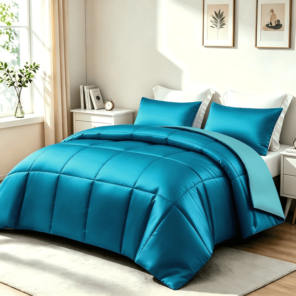 Whale Flotilla 3-Piece Reversible Silky Satin King Size Comforter Bedding Set, Lightweight Luxury Comforters with 2 Pillowcases All-Season, Turquoise