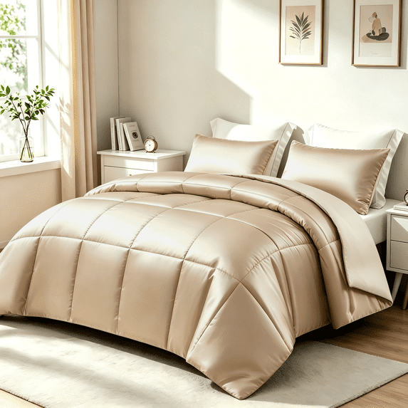 Whale Flotilla 3-Piece Reversible Silky Satin King Size Comforter Bedding Set, Lightweight Luxury Comforters with 2 Pillowcases All-Season, Champagne