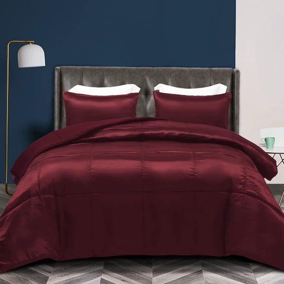 Whale Flotilla 3-Piece Reversible Silky Soft King Size Comforter Bedding Set, Luxurious Satin Comforters with 2 Satin Pillowcases, Lightweight Duvet for All Seasons, Red