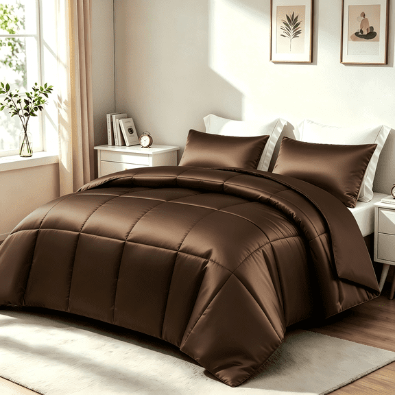 Whale Flotilla 3-Piece Reversible Silky Satin Queen Size Comforter Bedding Set, Lightweight Luxury Comforters with 2 Pillowcases All-Season, Brown