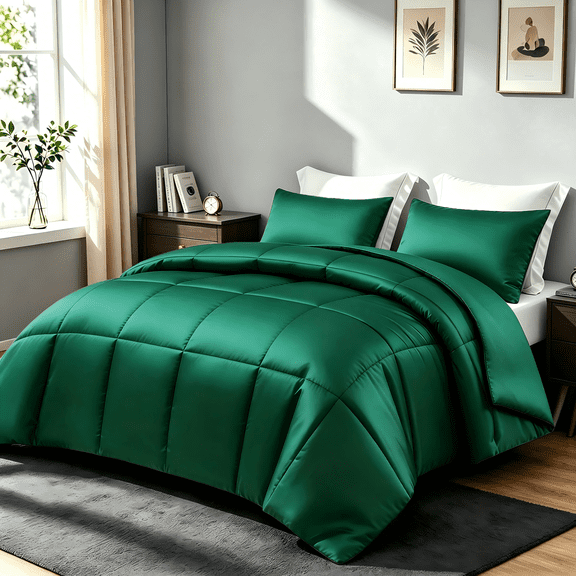 Whale Flotilla 3-Piece Reversible Silky Satin Queen Size Comforter Bedding Set, Lightweight Luxury Comforters with 2 Pillowcases All-Season, Deep Green