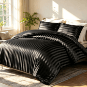 Whale Flotilla 3-Piece Luxury Stripe Satin King Size Comforter Set, Reversible Silky Soft Bedding Set with 2 Pillowcases, Lightweight All-Season Comforter, Black