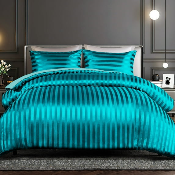 Whale Flotilla 3-Piece Reversible Silky Soft King Size Comforter Set, Luxury Stripe Satin Oversized Comforter Bedding Set with 2 Satin Pillowcases, Lightweight Duvet Set for All Seasons, Turquoise
