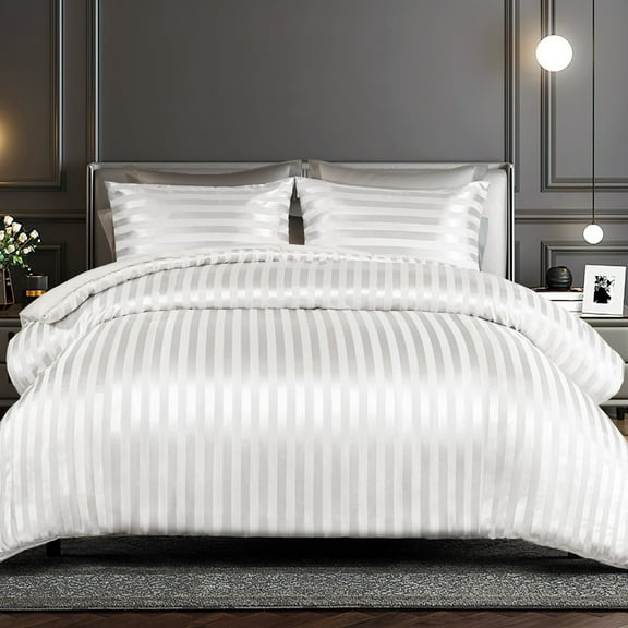 Whale Flotilla 3-Piece Reversible Silky Soft King Size Comforter Set, Luxury Stripe Satin Oversized Comforter Bedding Set with 2 Satin Pillowcases, Lightweight Duvet for All Seasons, White