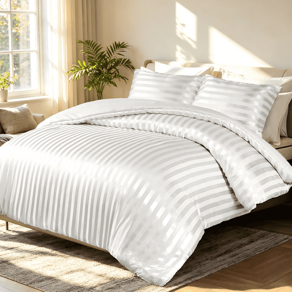 Whale Flotilla King Comforter Set 3-Piece White Satin Stripe Bedding, Lightweight All-Season Reversible Soft Bedding Set with 2 Pillowcases