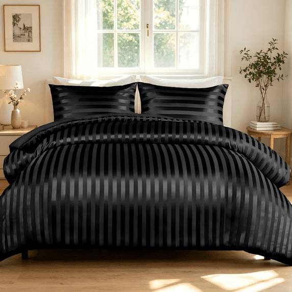 Whale Flotilla King Comforter Set 3-Piece Black Satin Stripe Bedding, Lightweight All-Season Reversible Soft Bedding Set with 2 Pillowcases