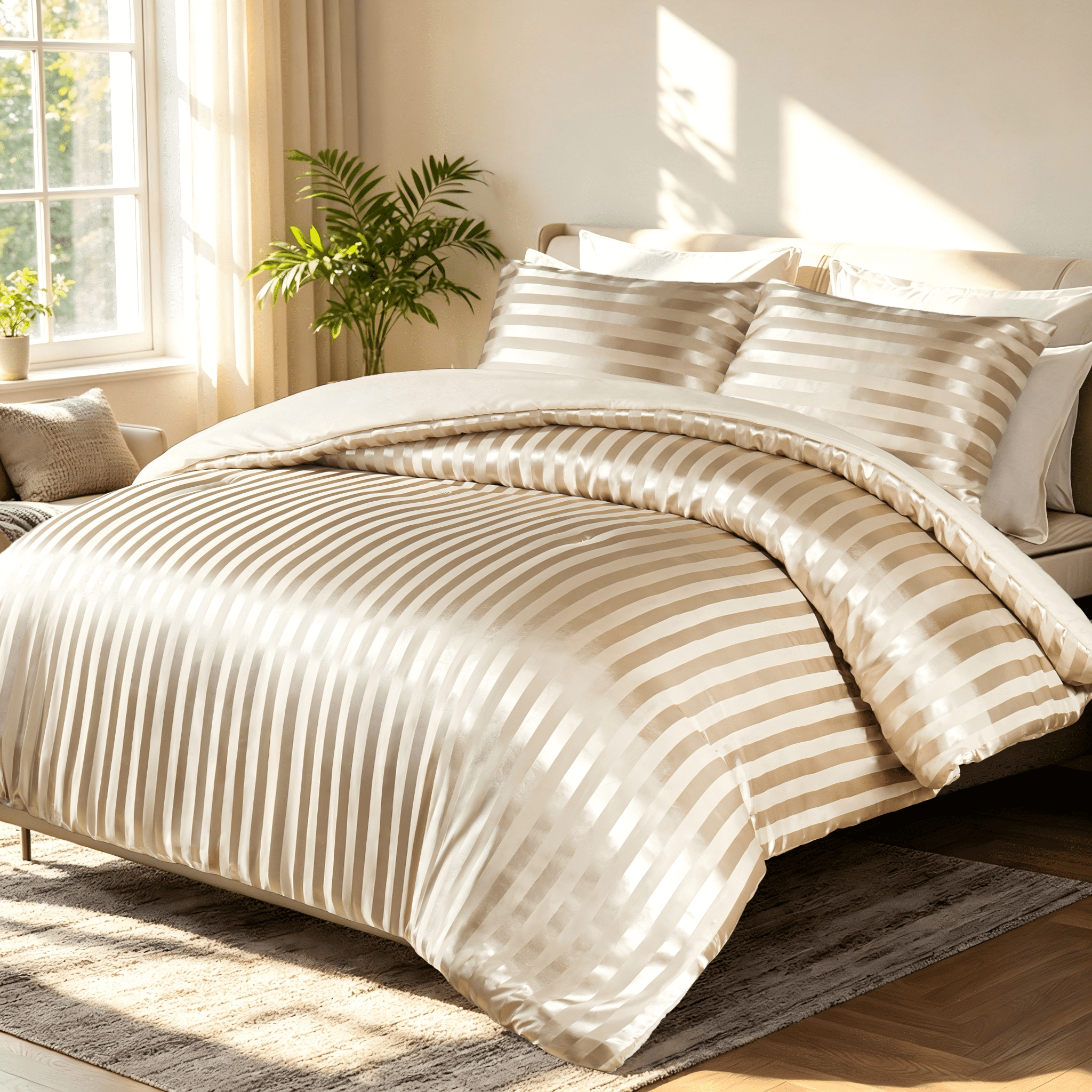 Whale Flotilla 3-Piece Luxury Stripe Satin King Size Comforter Set, Reversible Silky Soft Bedding Set with 2 Pillowcases, Lightweight All-Season Comforter, Champagne