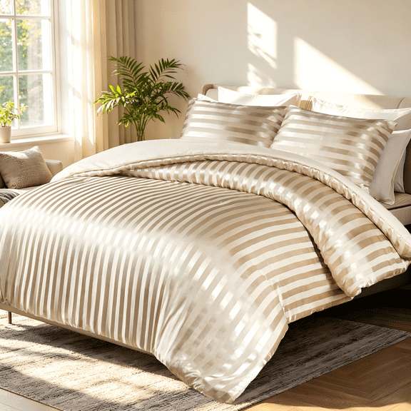 Whale Flotilla 3-Piece Luxury Stripe Satin King Size Comforter Set, Reversible Silky Soft Bedding Set with 2 Pillowcases, Lightweight All-Season Comforter, Champagne