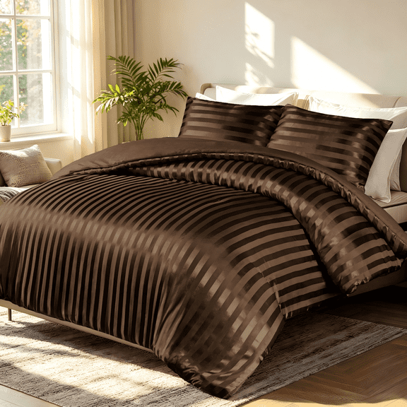 Whale Flotilla King Comforter Set 3-Piece Brown Satin Stripe Bedding, Lightweight All-Season Reversible Soft Bedding Set with 2 Pillowcases