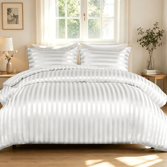 Whale Flotilla Luxury 3-Piece King Satin Stripe Reversible Soft Comforter Set, White