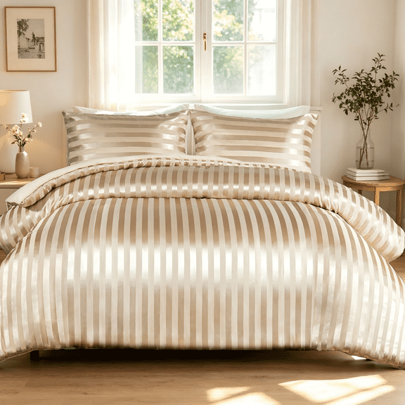 Whale Flotilla Luxury 3-Piece King Satin Stripe Reversible Soft Comforter Set, Champagne