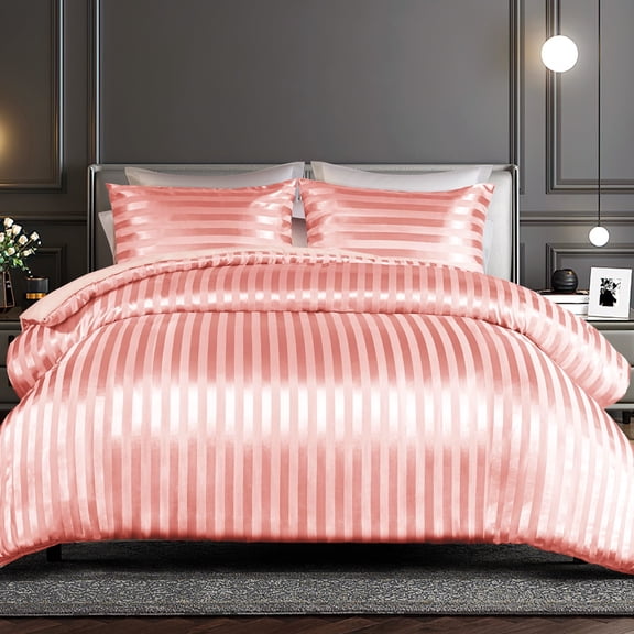 Whale Flotilla 3-Piece Reversible Silky Soft Queen Comforter Set, Luxury Stripe Satin Comforters Full Size Bedding Set with 2 Satin Pillowcases, Lightweight Duvet for All Seasons, Pink