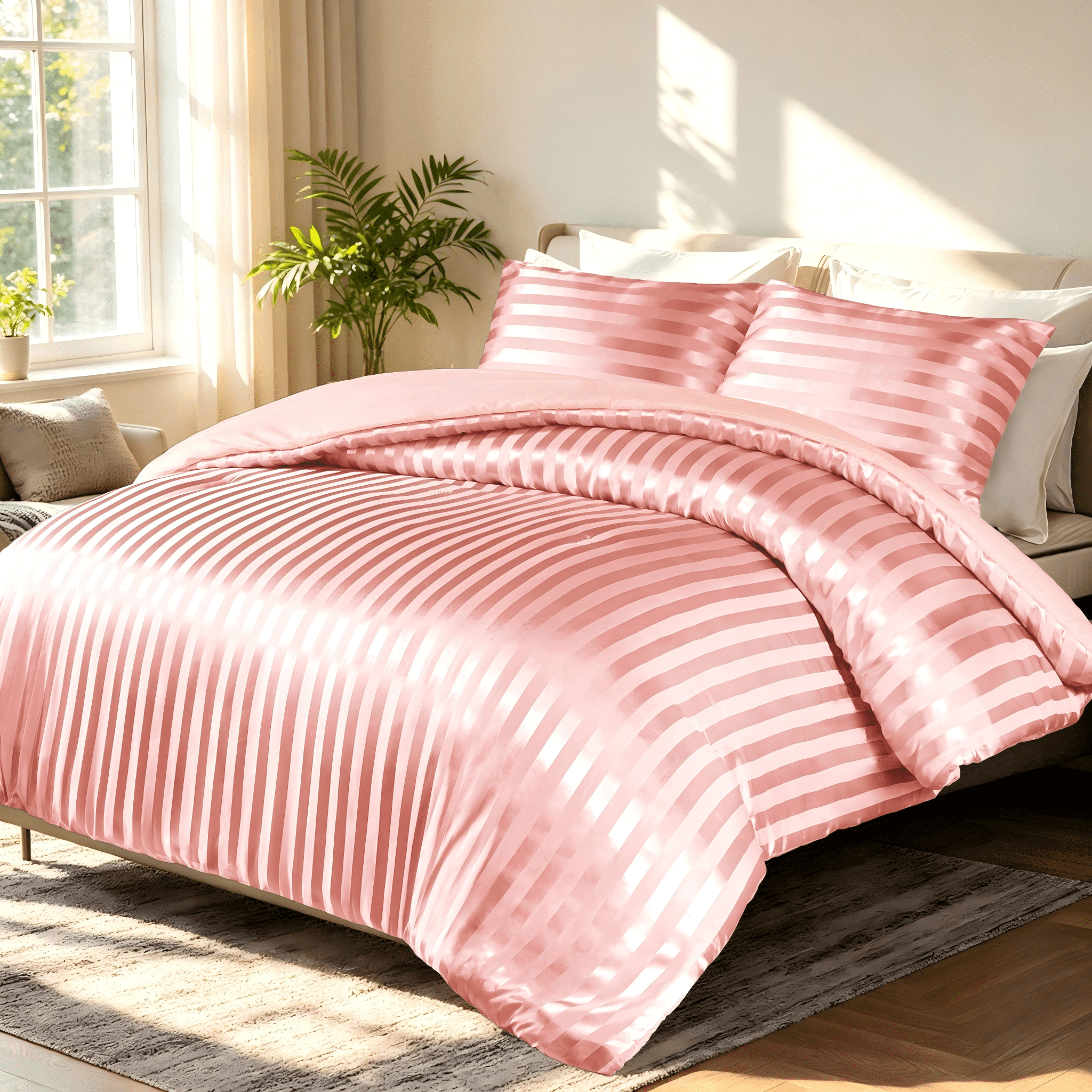 Whale Flotilla 3-Piece Luxury Stripe Satin Queen Size Comforter Set, Reversible Silky Soft Bedding Set with 2 Pillowcases, Lightweight All-Season Comforter, Pink
