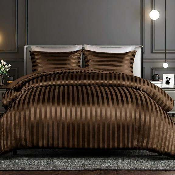 Whale Flotilla 3-Piece Reversible Silky Soft Queen Comforter Set, Luxury Stripe Satin Comforters Full Size Bedding Set with 2 Satin Pillowcases, Lightweight Duvet Set for All Seasons, Brown