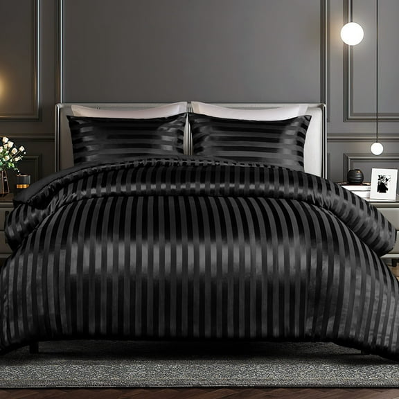 Whale Flotilla 3-Piece Reversible Silky Soft Queen Comforter Set, Luxury Stripe Satin Comforters Full Size Bedding Set with 2 Satin Pillowcases, Lightweight Duvet for All Seasons, Black