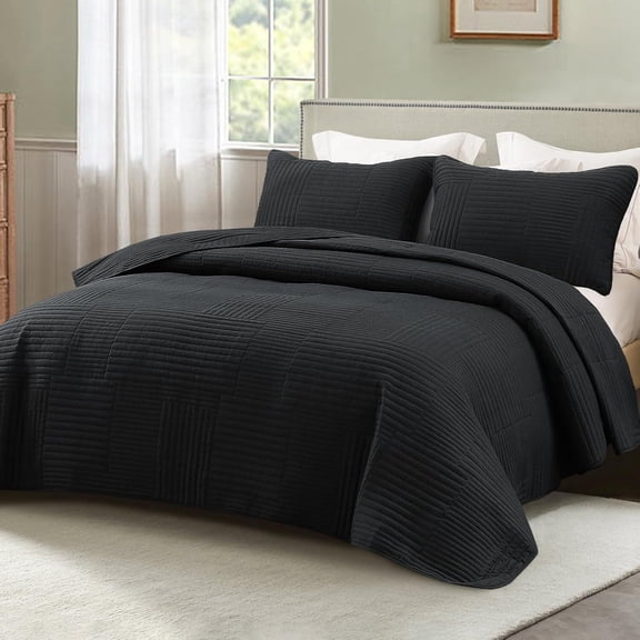 Whale Flotilla Queen Quilt Set, Soft and Lightweight Bedspreads Coverlet with Striped Pattern, Reversible Bedding Sets with Pillow Shams, 90x96 Inches, Black