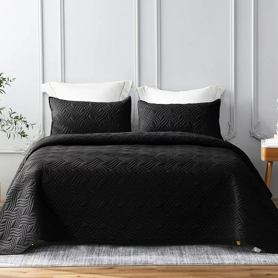 Whale Flotilla 3 Pieces Quilt Set King Size, Soft Microfiber Lightweight Bedspread Coverlet Bed Cover (Wave Pattern) for All Seasons, Black