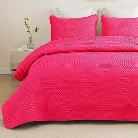 Whale Flotilla California King Quilt Set, Soft Lightweight Quilts Bedspreads Coverlet with Embossed Pattern, Bedding Sets with Pillow Shams, 104x112 Inches, Hot Pink