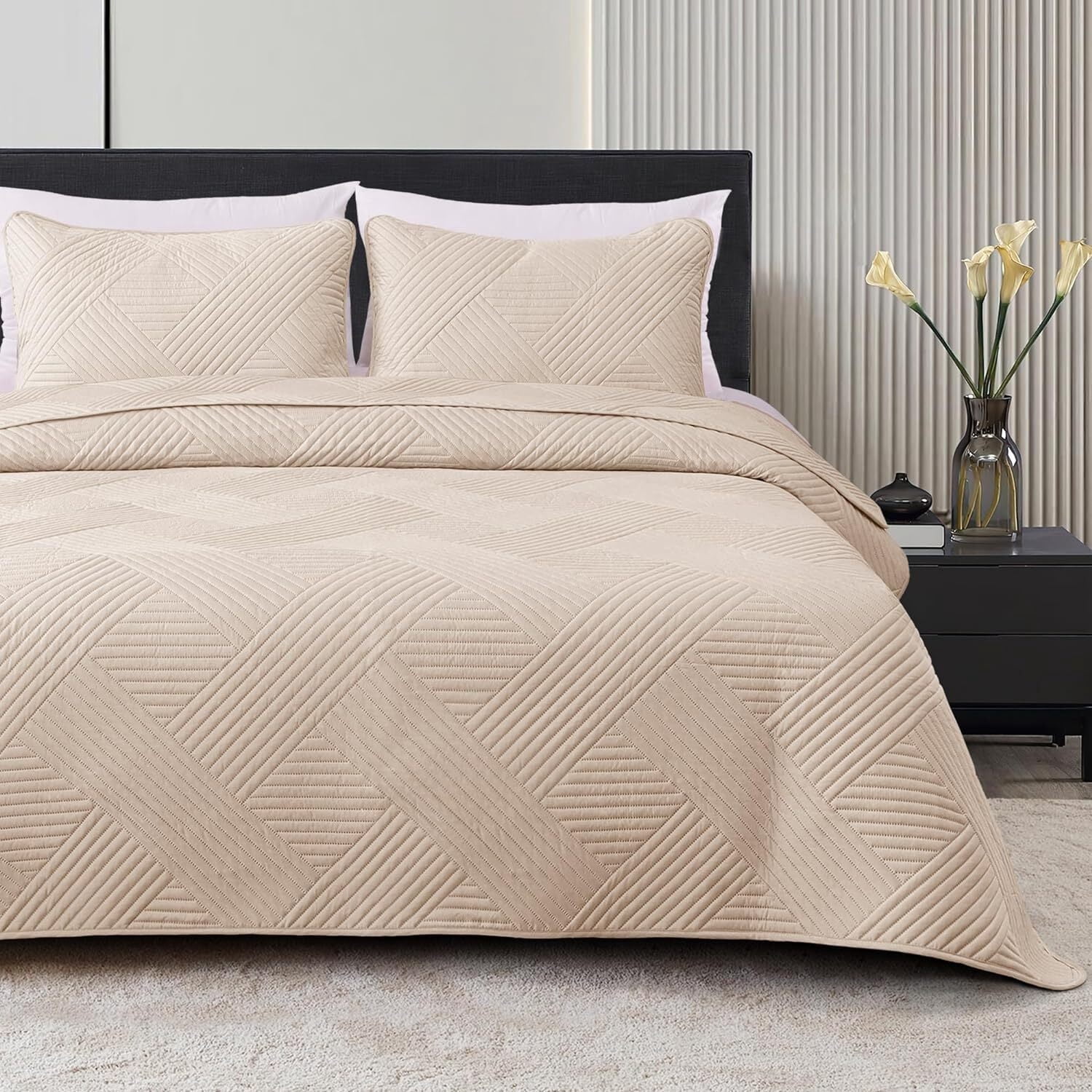 Whale Flotilla California King Quilt Set, Soft Lightweight Quilts Bedspreads Coverlet with Embossed Pattern, Bedding Sets with Pillow Shams, 104x112 Inches, Brich Beige