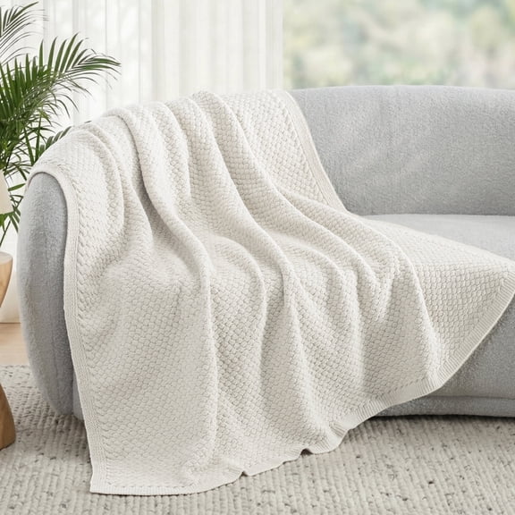 Whale Flotilla Knit Chenille Throw Blanket for Couch, Sofa, Bed, Soft Fuzzy Warm and Chunky, 50"x60", Ivory