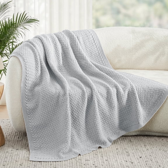 Whale Flotilla Knit Chenille Throw Blanket for Couch, Sofa, Bed, Soft Fuzzy Warm and Chunky, 50"x60", Light Grey