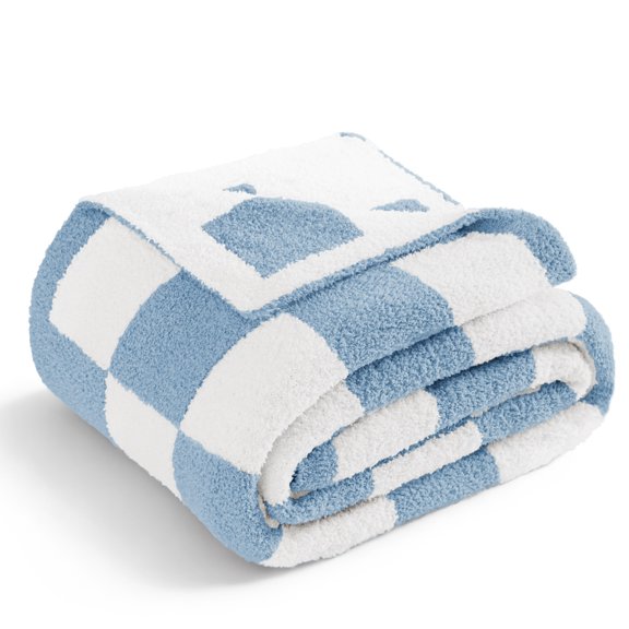 Whale Flotilla Checkered Knit Queen Size Blanket for Bed, Soft Fluffy and Cozy, 90"x90", Light Blue