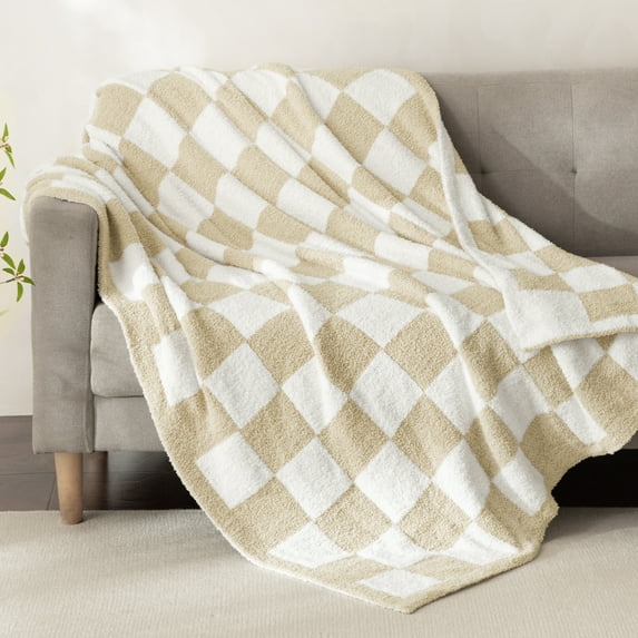 Whale Flotilla Checkered Knit Throw Blanket for Couch, Sofa, Bed, Soft Fluffy and Cozy, 50"x60", Camel