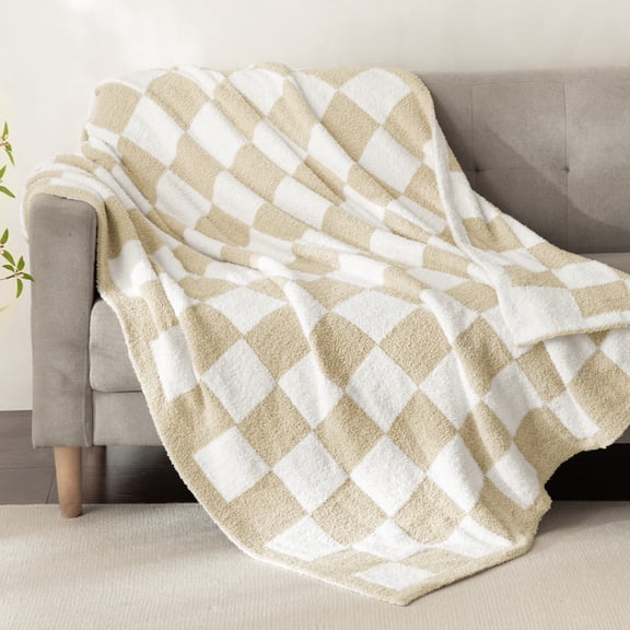 Whale Flotilla Checkered Knit Throw Blanket for Couch, Sofa, Bed, Soft Fluffy and Cozy, 50"x60", Camel