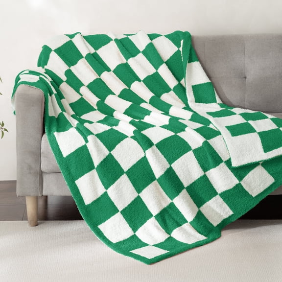 Whale Flotilla Checkered Knit Throw Blanket for Couch, Sofa, Bed, Soft Fluffy and Cozy, 50"x60", Green