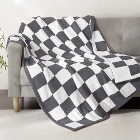Whale Flotilla Checkered Knit Throw Blanket for Couch, Sofa, Bed, Soft Fluffy and Cozy, 50"x60", Grey