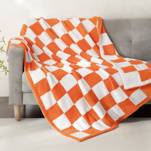 Whale Flotilla Checkered Knit Throw Blanket for Couch, Sofa, Bed, Soft Fluffy and Cozy, 50"x60", Orange
