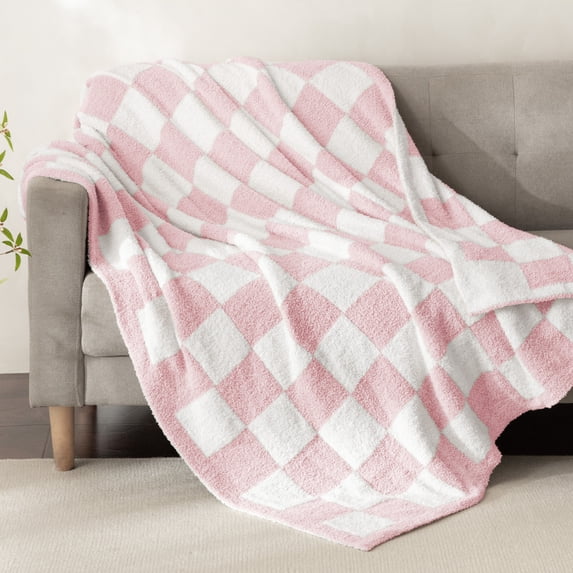 Whale Flotilla Checkered Knit Throw Blanket for Couch, Sofa, Bed, Soft Fluffy and Cozy, 50"x60", Pink