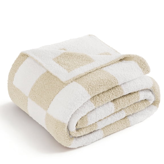 Whale Flotilla Checkered Knit Twin Size Blanket for Bed, Soft Fluffy and Cozy, 60"x80", Camel