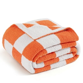Whale Flotilla Checkered Knit Twin Size Blanket for Bed, Soft Fluffy and Cozy, 60"x80", Orange