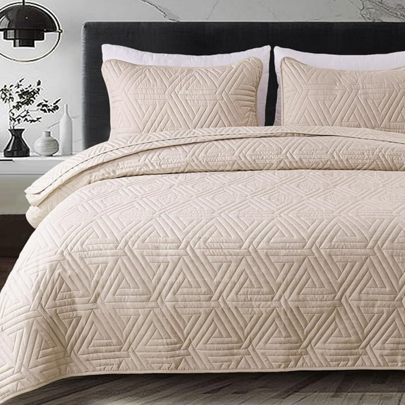 Whale Flotilla 3-Piece King Size Quilt Set for All Season, Classic Geometric Pattern Bedding Set with 2 Pillow Shams, Soft and Lightweight, Brich Beige