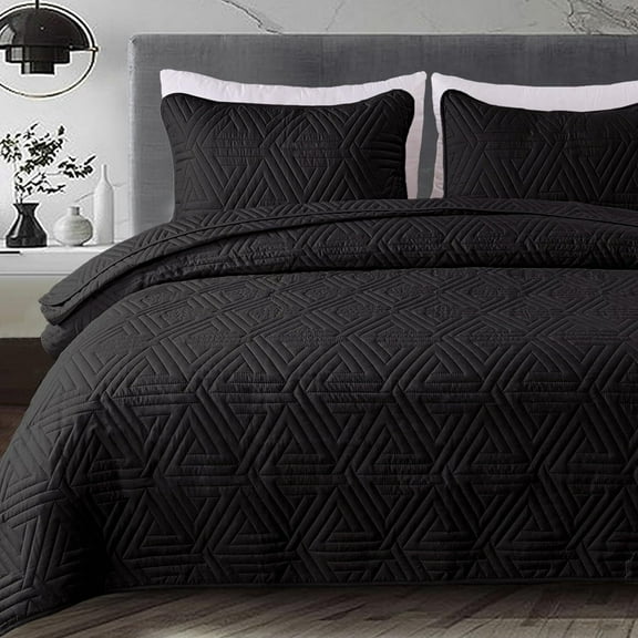 Whale Flotilla 2-Piece Twin Size Quilt Set for All Season, Classic Geometric Pattern Bedding Set with 1 Pillow Sham, Soft and Lightweight, Black