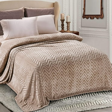 Whale Flotilla Flannel Fleece King Size(90x104 Inch) Lightweight Bed Blanket, Soft Velvet Bedspread Plush Fluffy Coverlet Chevron Design Decorative Blanket for All Seasons, Champagne