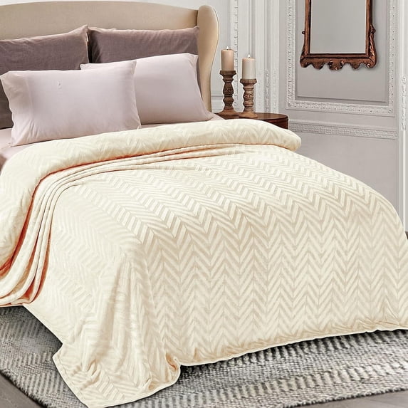 Whale Flotilla Flannel Fleece King Size 90x104 Inch Bed Blanket, Soft Velvet Lightweight Bedspread Plush Fluffy Coverlet Chevron Design Decorative Blanket for All Season, Ivory