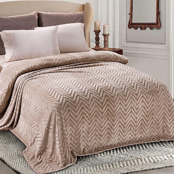 Whale Flotilla Flannel Fleece Queen Size 90x90 Inch Bed Blanket, Soft Velvet Lightweight Bedspread Plush Fluffy Coverlet Chevron Design Decorative Blanket for All Season, Champagne