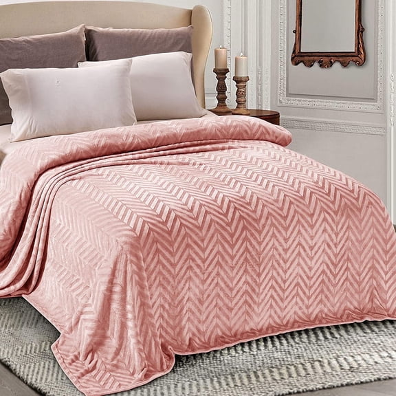Whale Flotilla Flannel Fleece Queen Size 90x90 Inch Bed Blanket, Soft Velvet Lightweight Bedspread Plush Fluffy Coverlet Chevron Design Decorative Blanket for All Season, Pink