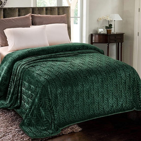 Whale Flotilla Flannel Fleece 90x90 Inch Queen Size Blanket for Bed, Soft Fluffy Velvet Bedspread Coverlet with Decorative Vintage Pattern for All Season, Warm and Lightweight, Deep Green