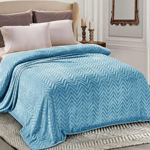 Whale Flotilla Flannel Fleece Twin-XL Size 90x66 Inch Bed Blanket, Soft Velvet Lightweight Bedspread Plush Fluffy Coverlet Chevron Design Decorative Blanket for All Season, Stone Blue