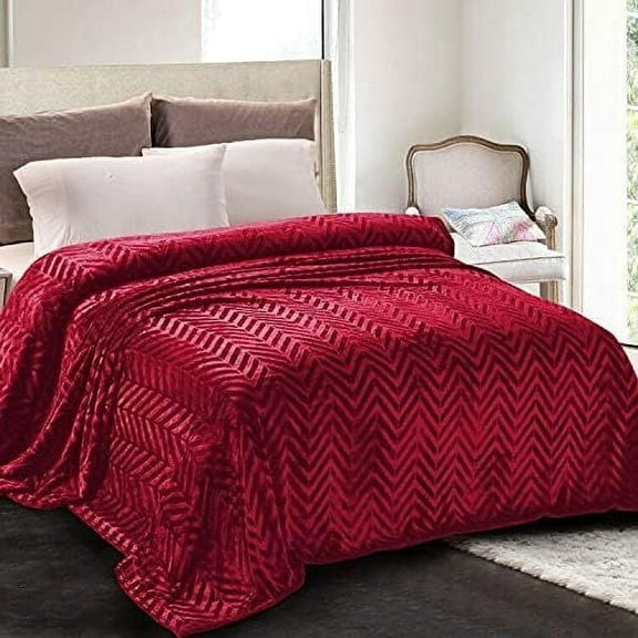 Whale Flotilla Flannel Fleece Queen Size 90x90 Inch Bed Blanket, Soft Velvet Lightweight Bedspread Plush Fluffy Coverlet Chevron Design Decorative Blanket for All Season, Red