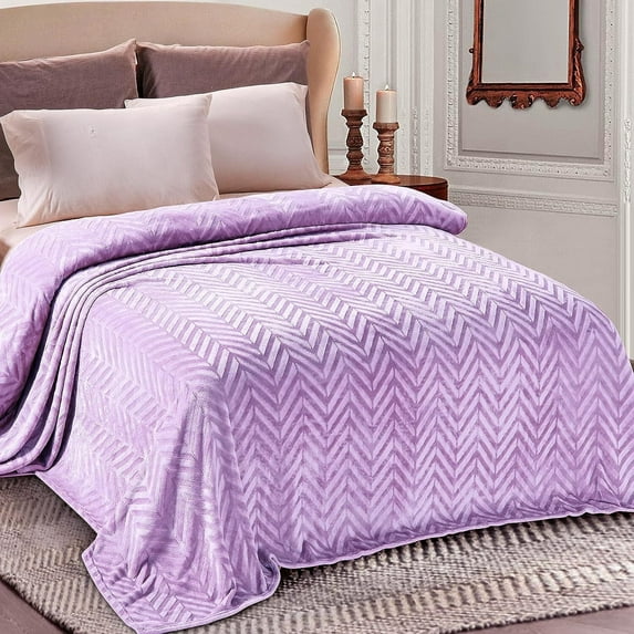 Whale Flotilla Flannel Fleece Twin-XL Size 90x66 Inch Bed Blanket, Soft Velvet Lightweight Bedspread Plush Fluffy Coverlet Chevron Design Decorative Blanket for All Season, Lilac