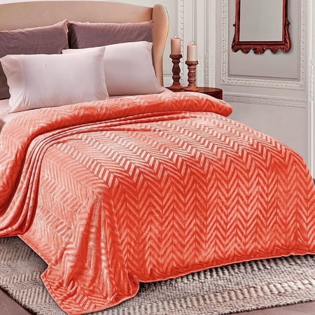 Whale Flotilla Flannel Fleece Queen Size 90x90 Inch Bed Blanket, Soft Velvet Lightweight Bedspread Plush Fluffy Coverlet Chevron Design Decorative Blanket for All Season, Coral