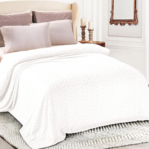 Whale Flotilla Flannel Fleece Queen Size 90x90 Inch Bed Blanket, Soft Velvet Lightweight Bedspread Plush Fluffy Coverlet Chevron Design Decorative Blanket for All Season, White